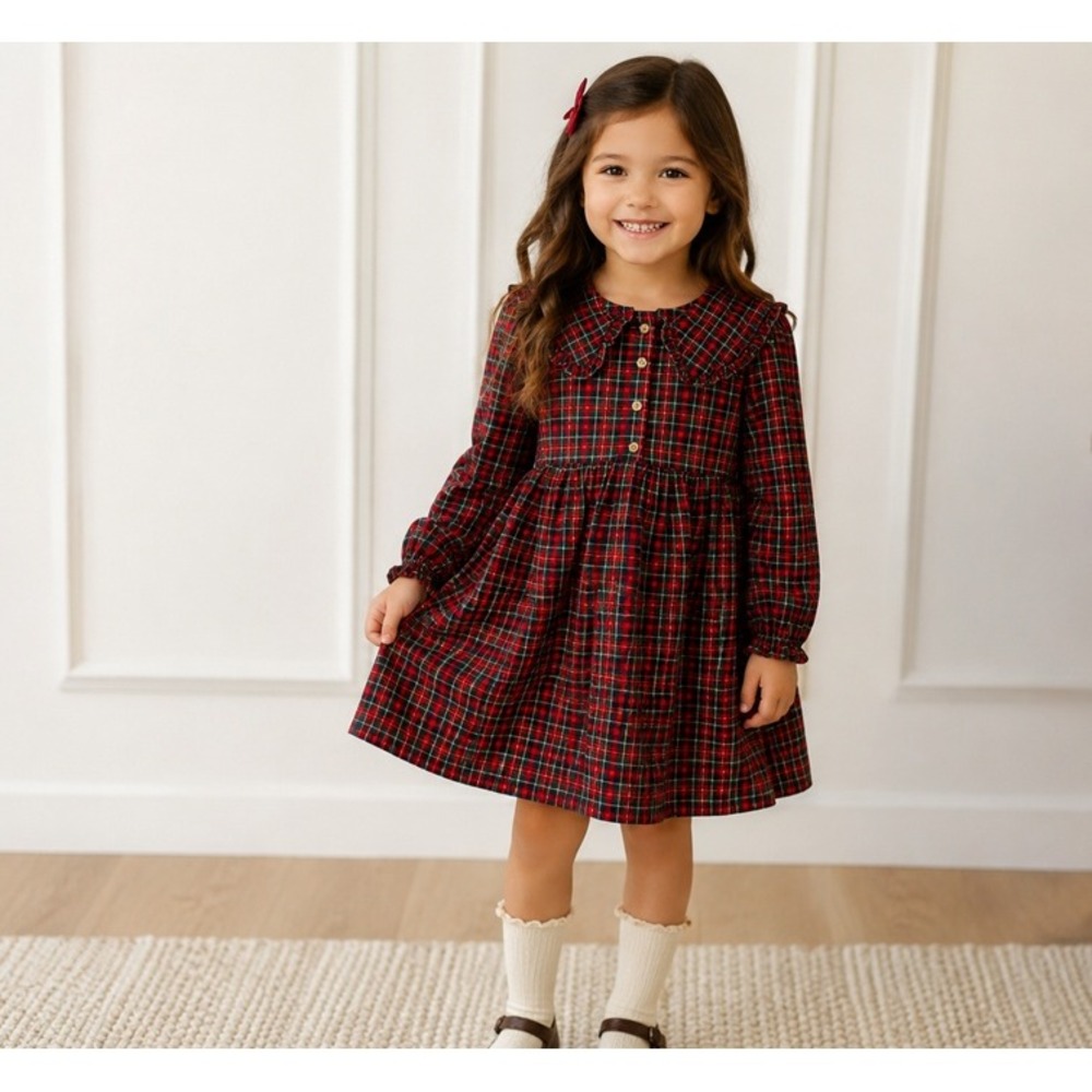 Next Kids Red Plaid Peter Pan Collar Ruffle Dress Long Sleeve 5-6 Years